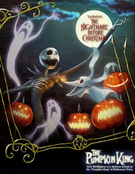 2boys commentary_request dsacxz formal_clothes ghost jack_skellington jacket long_sleeves looking_at_viewer male_focus multiple_boys official_style open_mouth pinstripe_pattern pinstripe_suit short_hair skeleton smile striped_clothes suit the_nightmare_before_christmas vest white_hair zero_(nbc)