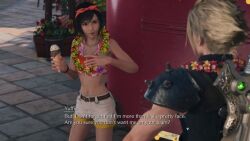 1boy 1girl animated ass audible_speech beach belt bikini bikini_top_only black_hair blonde_hair breasts brown_eyes cleavage cloud_strife costa_del_sol cutscene english_audio english_text final_fantasy final_fantasy_vii final_fantasy_vii_rebirth final_fantasy_vii_remake flirting flower food gameplay green_eyes hair_ribbon highres ice_cream ice_cream_cone jewelry legs long_legs midriff multicolored_bikini ocean official_alternate_costume palm_tree ribbon sandals screencap shirt shorts small_breasts smile sound square_enix subtitled swimsuit thighs tree two-tone_bikini video video_game_screencap waves yuffie_kisaragi