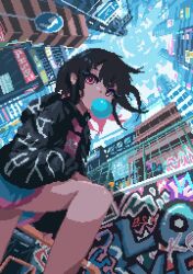 1girl akayu_pixel animated black_hair black_jacket blowing_bubbles building city from_below highres jacket looping_animation multicolored_hair on_one_knee original pink_eyes pink_hair pixel_art shorts solo tagme video