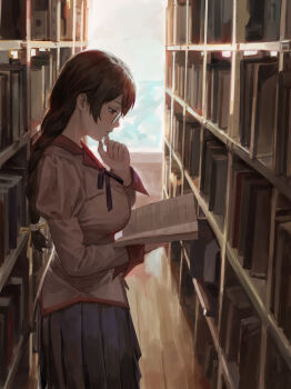 Rule 34 | 1girl, absurdres, black ribbon, book, bookshelf, braid, breasts, brown eyes, brown hair, cat hair ornament, closed mouth, commentary request, from side, glasses, grey skirt, hair ornament, hand on own chin, hanekawa tsubasa, highres, holding, holding book, indoors, juliet sleeves, large breasts, long hair, long sleeves, monogatari (series), naoetsu high school uniform, neck ribbon, pince-nez, pink skirt, pleated skirt, profile, puffy sleeves, reading, ribbon, school uniform, single braid, skirt, sleeve cuffs, solipsist, solo, stroking own chin, wooden floor