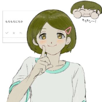 1girl bad_id bad_twitter_id chibi chibi_inset closed_mouth finger_to_cheek green_eyes green_hair hair_ornament hairclip hand_up highres idolmaster idolmaster_shiny_colors jiro_26 looking_at_viewer nanakusa_nichika shirt short_hair short_sleeves simple_background smile solo t-shirt translation_request upper_body white_background white_shirt