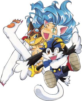 1girl 2boys animal_ears bare_shoulders big_hair black_fur blue_eyes blue_hair blue_headwear blush breasts cabbit capcom cat_ears cat_tail fang felicia_(darkstalkers) furry furry_male goggles guntz hand_on_headwear highres jacket kaze_no_klonoa klonoa multiple_boys one_eye_closed open_mouth pointy_ears red_footwear red_jacket smile tail thighs transparent_background darkstalkers white_fur