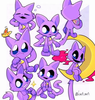 1boy :&lt; black_mouth black_sclera bug butterfly butterfly_on_ear cat_boy catnap_(poppy_playtime) closed_eyes colored_sclera commentary crescent crescent_necklace english_commentary full_body furry furry_male hand_on_own_hip holding insect jewelry kimoti_omoti looking_at_viewer looking_to_the_side looking_up male_focus multiple_views necklace open_mouth poppy_playtime purple_fur simple_background sitting smile standing twitter_username white_background white_eyes yellow_butterfly