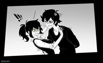 1boy 1girl absurdres aierlaobo andrew_graves black_hair black_sweater black_vest blush collarbone dress_shirt fang green_eyes greyscale highres jewelry looking_at_another messy_hair monochrome mother_and_son necklace open_collar open_mouth renee_graves shirt short_hair sleeves_rolled_up smug sweater sweater_vest the_coffin_of_andy_and_leyley vest