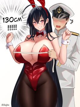 1boy 1girl ^^^ absurdres ahoge aiguillette animal_ear_hairband animal_ears artist_name azur_lane bare_shoulders black_hair black_pantyhose blush bow bowtie breasts brown_hair bust_measuring chieftain_art13 cleavage collarbone commander_(azur_lane) commentary cowboy_shot crossed_bangs detached_collar english_commentary faceless faceless_male fake_animal_ears grin hair_between_eyes hair_down hairband hands_up hat heart heart-shaped_pupils highres huge_ahoge huge_breasts jacket leotard long_hair long_sleeves looking_at_viewer measuring military_hat military_uniform naval_uniform official_alternate_costume official_alternate_hairstyle open_mouth pants pantyhose peaked_cap playboy_bunny rabbit_ear_hairband rabbit_ears red_bow red_bowtie red_eyes red_leotard short_hair sidelocks simple_background smile standing strapless strapless_leotard symbol-shaped_pupils taihou_(azur_lane) taihou_(fun_on_the_baize)_(azur_lane) tape_measure teeth upper_teeth_only very_long_hair white_background white_hat white_jacket white_pants white_wrist_cuffs wrist_cuffs