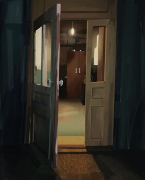 absurdres ala_southiick ceiling_light door highres no_humans open_door original scenery shelf