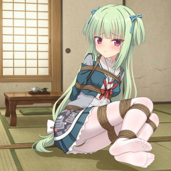1girl absurdres aqua_bow architecture arms_behind_back bdsm blunt_bangs blunt_ends blush bondage bound bound_arms bound_legs bound_thighs bound_torso bow bowtie breasts chinese_commentary commentary commission crotch_rope cushion east_asian_architecture eyes_visible_through_hair feet frilled_skirt frills full_body furrowed_brow green_hair green_jacket green_serafuku green_skirt hair_bow highres hime_cut indoors jacket legs legs_together long_hair long_sleeves looking_at_viewer low-tied_long_hair meitoku miniskirt murasame_(senren) no_shoes official_alternate_costume on_floor open_clothes open_jacket panties panties_under_pantyhose pantyhose parted_lips pleated_skirt red_bow red_bowtie red_eyes rope sailor_collar school_uniform second-party_source senren_banka serafuku shadow shibari shibari_over_clothes shirt sidelocks sitting skirt small_breasts soles solo story_in_commentary straight_hair table tatami thighs toes tsurime two_side_up underwear variant_set very_long_hair white_bow white_pantyhose white_sailor_collar white_shirt