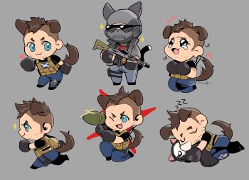 2boys absurdres animal_ears animal_hands black_gloves black_hair black_shirt blue_eyes blue_pants bulletproof_vest call_of_duty call_of_duty:_modern_warfare_2 cat_ears cat_tail character_doll closed_eyes closed_mouth coni0771 crying crying_with_eyes_open dog_boy dog_ears dog_paws dog_tail doll facial_hair fingerless_gloves ghost_(modern_warfare_2) gloves grey_pants gun highres holding holding_gun holding_weapon lying male_focus mask multiple_boys nose_bubble on_side one_eye_closed open_mouth pants rocket_launcher shirt short_hair sleeping smile soap_(modern_warfare_2) sunglasses tail tears weapon zzz