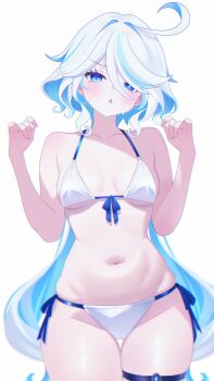 1girl absurdres ahoge arms_up bare_shoulders bikini blue_eyes blue_gem blue_hair blush breasts cameltoe cleavage collarbone cowlick drop-shaped_pupils eyelash_ornament front-tie_bikini_top front-tie_top fuminshou_(nekopan_art) furina_(genshin_impact) gem genshin_impact groin hair_between_eyes hair_over_one_eye halterneck hashtag-only_commentary heterochromia highres long_hair looking_at_viewer micro_bikini midriff mismatched_pupils multicolored_hair navel open_mouth side-tie_bikini_bottom simple_background skindentation small_breasts solo stomach strap_gap streaked_hair string_bikini swimsuit symbol-shaped_pupils thigh_strap thighs underboob white_background white_bikini white_hair