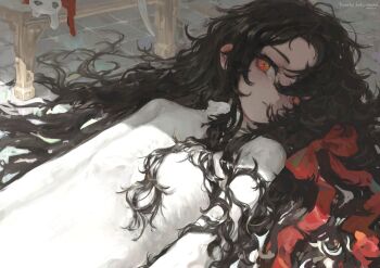 1girl black_hair bow dress expressionless gregor_(tsurunoka) hair_bow hair_ribbon highres lead_white_(tsurunoka) long_hair lying messy_hair on_back on_floor original red_eyes red_ribbon ribbon shadow solo tile_floor tiles tsumetai_(tsurunoka) upper_body white_dress