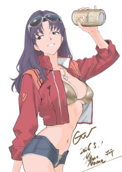 1977_oj3 1girl 2026 beer_can bikini breasts brown_eyes can cleavage collared_jacket commentary_request cross cross_necklace denim denim_shorts drink_can eyewear_on_head female_focus gold_bikini golden_week highres holding holding_can jacket jewelry katsuragi_misato long_hair looking_to_the_side micro_shorts navel necklace neon_genesis_evangelion open_clothes open_jacket purple_hair red_jacket shorts smile solo stomach swimsuit unbuttoned underboob