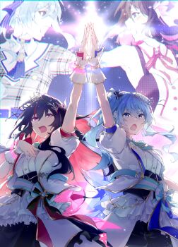 2girls absurdres amane_kanata arm_up asahi_tsujino azki_(3rd_costume)_(hololive) azki_(hololive) back_bow backlighting blue_bow blue_bowtie blue_eyes blue_hair blue_ribbon blue_sash blue_shorts blue_skirt bow bow_skirt bowtie braid brown_hair colored_inner_hair commentary corset cowboy_shot double-parted_bangs english_commentary frilled_skirt frilled_wrist_cuffs frills hair_between_eyes hair_ornament hair_ribbon hairclip half_up_braid half_updo hand_on_own_chest highres hololive hololive_idol_uniform_(bright) hoshimachi_suisei hoshimachi_suisei_(1st_costume) idol idol_clothes jacket large_bow layered_skirt long_hair mole mole_under_eye multicolored_hair multiple_girls music official_alternate_costume open_mouth overskirt palms_together pink_hair puffy_short_sleeves puffy_sleeves purple_eyes ribbon sash screen screen_light shirt short-sleeved_jacket short_sleeves shorts side_ponytail singing skirt stage star_(symbol) star_in_eye streaked_hair symbol_in_eye underbust very_long_hair virtual_youtuber waist_bow white_jacket white_overskirt white_shirt wrist_cuffs