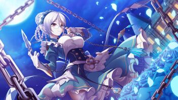 1girl anchor apron ball_and_chain_restraint bdsm black-framed_eyewear bound braid breasts broken broken_chain chain chain_necklace chained clock closed_mouth cloud collar corset cross cuffs deep_one_kyomu_to_mugen_no_fragment dress falling_leaves falling_petals feathers flail flower frills full_moon glasses gloves gold_chain handcuffs hook horyi_(deep_one) jewelry key knife large_breasts leaf leash long_sleeves looking_at_viewer maid maid_headdress metal_collar moon moonlight necklace night non-web_source outdoors petals petals_on_liquid pocket_watch prison_clothes puffy_sleeves red_eyes restrained rose rose_petals round_eyewear semi-rimless_eyewear shackles sickle sky slave smile solo star_(sky) starry_sky swing twin_braids under-rim_eyewear viewer_holding_leash watch weapon white_gloves white_hair wind