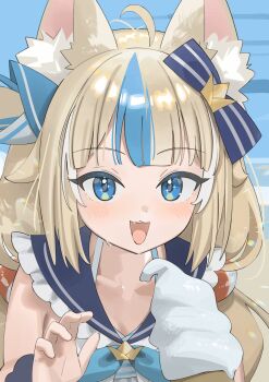 1girl :3 :d ahoge animal_ear_fluff animal_ears bare_arms beach bikini bikini_under_clothes blonde_hair blue_bikini blue_bow blue_eyes blue_sailor_collar blue_streaks blunt_bangs blush bow cat_ears collarbone commentary dot_nose dress english_commentary fangs fish_girl food frilled_bikini frilled_sailor_collar frills hair_bow hand_up highres holding holding_ice_cream_cone ice_cream ice_cream_cone indie_virtual_youtuber koyo2023 lens_flare lifebuoy_hair_ornament long_hair looking_at_viewer loose_hair_strand low_twintails multicolored_hair one_side_up open_mouth outdoors paper_boat raised_eyebrows sailor_collar sailor_dress sameko_saba sameko_saba_(1st_costume) sand scrunchie sidelocks sleeveless sleeveless_dress smile soft_serve solo sparkling_eyes streaked_hair striped_bikini striped_bow striped_clothes swimsuit teeth twintails upper_body upper_teeth_only very_long_hair virtual_youtuber water water_drop white_bikini white_dress white_streaks wrist_scrunchie