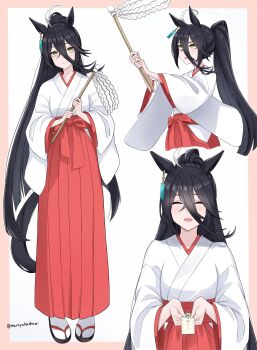 Rule 34 | 1girl, absurdres, ahoge, animal ears, black hair, blush, closed eyes, closed mouth, commentary, ear tag, earrings, gohei, hair between eyes, hakama, hakama skirt, highres, holding, holding gohei, horse ears, horse girl, horse tail, ibuki grunt, japanese clothes, jewelry, kimono, long bangs, long hair, long hair between eyes, long sleeves, looking at viewer, manhattan cafe (umamusume), miko, multicolored hair, omamori, open mouth, ponytail, red hakama, sandals, single earring, skirt, smile, socks, symbol-only commentary, tabi, tail, umamusume, very long hair, white hair, white kimono, white socks, wide sleeves, yellow eyes