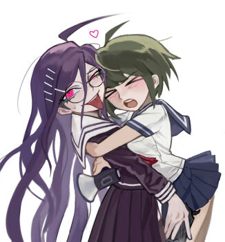 Rule 34 | > <, 2girls, ahoge, blue sailor collar, blue skirt, blush, closed eyes, collared shirt, commentary, danganronpa (series), danganronpa another episode: ultra despair girls, eyelashes, fukawa toko, genocider shou, glasses, green hair, hair between eyes, hair ornament, hairclip, heart, highres, holding, holding megaphone, hug, keezeniverse, long hair, long sleeves, megaphone, messy hair, multiple girls, naegi komaru, open mouth, pink eyes, purple hair, purple serafuku, purple shirt, purple skirt, round eyewear, sailor collar, school uniform, serafuku, shirt, short hair, short sleeves, simple background, skirt, skirt set, smile, sweatdrop, teeth, tongue, tongue out, upper teeth only, very long hair, white background, white sailor collar, white shirt, yuri