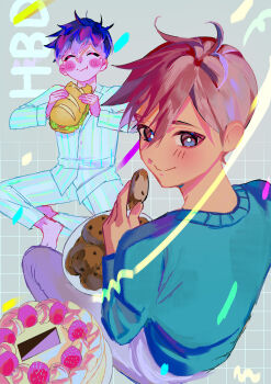 Rule 34 | 2boys, absurdres, antenna hair, birthday cake, black eyes, blue pajamas, blue pants, blue sweater, blush, bright pupils, brown hair, cake, chocolate chip cookie, closed eyes, closed mouth, collared pajamas, commentary request, cookie, dark-skinned male, dark skin, double-parted bangs, dual persona, food, grey pants, hair between eyes, happy birthday, hero (faraway) (omori), hero (headspace) (omori), hero (omori), highres, holding, holding cookie, holding food, holding plate, holding sandwich, long sleeves, looking at viewer, male focus, mimiiri, multiple boys, omori, pajamas, pants, plate, purple hair, sandwich, short hair, sitting, striped clothes, striped pajamas, striped pants, sweater, two-tone pajamas, two-tone pants, vertical-striped clothes, vertical-striped pajamas, vertical-striped pants, white pajamas, white pants, white pupils