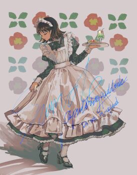 1girl absurdres alternate_costume apron black_shoes bow bowtie brown_hair buttons cherry closed_eyes dessert dress enmaided eyelashes floral_background food frilled_apron frills fruit full_body green_bow green_bowtie green_dress grey_background happy_birthday high_heels highres holding holding_tray ice_cream_cone iwakura_mitsumi juliet_sleeves lace lace-trimmed_dress lace_trim long_dress long_sleeves maid maid_headdress mary_janes pantyhose parted_lips pleated_dress pointy_nose pudding_(puddingpuddinh) puffy_sleeves pumps shadow shoes short_hair signature skip_to_loafer sleeve_cuffs smile soda solo standing tray watermark white_apron white_pantyhose