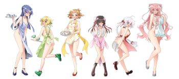 6+girls ahoge akatsuki_kirika apron ass black_hair blonde_hair blue_hair blush braid breasts bun_cover butt_crack cleavage highres kazanari_tsubasa lanlanlap large_breasts light_brown_hair long_hair maria_cadenzavna_eve medium_breasts multiple_girls naked_apron pink_hair senki_zesshou_symphogear silver_hair tachibana_hibiki_(symphogear) tea_set tray tsukuyomi_shirabe white_background yukine_chris