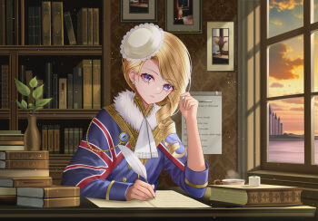1girl azur_lane bespectacled blonde_hair blue_capelet capelet commentary earrings english_text evening glasses hair_over_shoulder hat highres holding holding_quill hood_(azur_lane) jewelry lace-trimmed_headwear lace_trim long_hair long_sleeves looking_at_viewer mini_hat purple_eyes quill removing_eyewear rimless_eyewear round_eyewear sitting solo tina_(tinafya) union_jack union_jack_print vase writing
