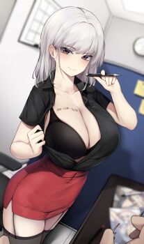 1girl analog_clock belfast_(azur_lane) black_bra black_shirt blurry blurry_background body_writing bra breasts brown_eyes chair cleavage clock closed_mouth collarbone collared_shirt commentary ddangbi depth_of_field desk earrings flashing hand_up highres holding holding_pen indoors jewelry large_breasts long_hair looking_at_viewer office office_chair office_lady open_clothes open_shirt original pen pencil_skirt pov pov_hands red_skirt shirt shirt_tucked_in short_sleeves skirt smile solo_focus standing sticky_note swivel_chair thighhighs underwear white_hair wing_collar writing_on_breasts