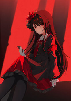 1girl absurdres armband black_hair black_pantyhose black_shirt black_skirt closed_mouth crossed_legs flower gloves hair_flower hair_ornament highres holding holding_phone long_hair long_sleeves looking_at_viewer mahou_shoujo_no_majo_saiban necktie nikaido_hiro pantyhose phone red_armband red_background red_eyes red_flower red_necktie sakura_koigetsu shirt sitting skirt solo white_gloves