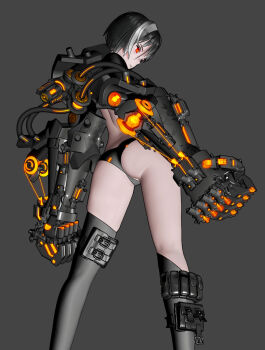 1girl 3d armor ass asymmetrical_legwear back bikini bikini_bottom_only black_bikini black_hair black_thighhighs buckle clenched_hand contrapposto cowboy_shot from_behind gauntlets glowing glowing_eyes grey_background highres hose kinon_astalisk mechanical_arms multicolored_hair original parted_lips pouch power_armor red_eyes revealing_clothes short_hair silver_hair simple_background solo streaked_hair string swimsuit thigh_pouch thighhighs thighs uneven_legwear