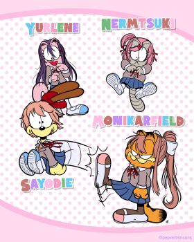 1girl 3boys arlene_(garfield) cat crossover doki_doki_literature_club garfield garfield_(character) highres monika_(doki_doki_literature_club) multiple_boys natsuki_(doki_doki_literature_club) nermal no_humans odie_(garfield) parody pepverbsnouns sayori_(doki_doki_literature_club) title_screen yuri_(doki_doki_literature_club)