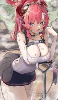 1girl absurdres black_skirt black_tail blue_archive blue_eyes breasts cafenami cleavage collarbone commentary_request cowboy_shot demon_horns grease_(mechanical) halo highres horns large_breasts leaning_forward long_hair looking_at_viewer megu_(blue_archive) open_mouth pleated_skirt ponytail red_hair red_halo red_horns revision skirt smile solo tail