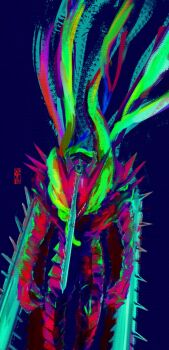 blue_background chainsaw chainsaw_devil chainsaw_man colorful dark_background extra_arms facing_down horns hybrid sakae_(cj60909002) scarf simple_background solo spikes