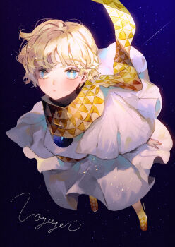 1boy baggy_clothes blonde_hair blue_eyes blush bright_pupils fate/grand_order fate/requiem fate_(series) floating full_body glowing highres looking_at_viewer majamari male_focus open_mouth parted_bangs revision scarf shooting_star short_hair short_sleeves sky smile solo space star_(sky) star_(symbol) starry_sky starry_sky_background voyager_(fate) yellow_scarf