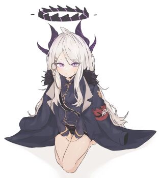 1girl ahoge armband black_coat black_halo black_skirt blue_archive breasts coat coat_on_shoulders demon_girl demon_horns halo hina_(blue_archive) horns iota_(jjohyb2) long_hair looking_at_viewer purple_eyes red_armband simple_background sitting skirt small_breasts solo very_long_hair white_background white_hair