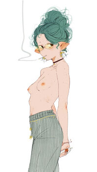 1girl absurdres alt_text aqua_hair arms_at_sides bangs_pinned_back black_choker breasts choker cigarette cigarette_pack commentary elf english_commentary forehead from_side grey_pants hair_bun highres holding holding_cigarette_pack looking_at_viewer looking_to_the_side messy_hair mouth_hold multiple_moles navel nipple_indents nipples original pants pointy_ears self-portrait sideways_glance simple_background single_hair_bun small_breasts smoke solo spindle_(aidenr0) spindle_(spindle_(aidenr0)) standing stomach striped_clothes striped_pants topless_female turning_head vertical-striped_clothes vertical-striped_pants white_background yellow-framed_eyewear