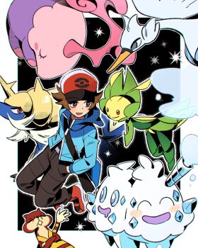 1boy 1brad :d bag blue_jacket bright_pupils brown_eyes brown_hair commentary_request gen_5_pokemon hat highres hilbert_(pokemon) hood hood_down hooded_jacket jacket korean_commentary leavanny looking_to_the_side male_focus musharna nintendo open_mouth pants pokemon pokemon_(creature) pokemon_bw red_hat red_shoes samurott shoes short_hair shoulder_bag smile swanna vanilluxe watchog white_pupils zipper_pull_tab