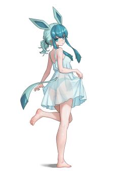 1girl animal_ears aqua_camisole aqua_eyes aqua_hair aqua_panties ass barefoot camisole commentary_request expressionless feet full_body gen_4_pokemon glaceon highres kneepits long_hair looking_at_viewer nihu nintendo panties personification pokemon see-through_camisole see-through_clothes sidelocks simple_background soles solo standing tail toes underwear white_background