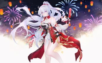 Rule 34 | absurdres, bare shoulders, blue eyes, breasts, brochette, commentary request, diamond-shaped pupils, diamond (shape), dress, fireworks, food, high ponytail, highres, holding, holding food, honkai (series), honkai impact 3rd, kiana kaslana, kiana kaslana (ba-dum! fiery wishing star), large breasts, lin yu jin, long hair, looking at viewer, ponytail, rice cake (honkai impact), smile, snake, symbol-shaped pupils, thighs, very long hair, white dress, white hair
