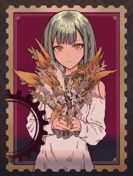 Rule 34 | 1girl, bang dream!, bang dream! it's mygo!!!!!, black border, border, bouquet, closed mouth, clothing cutout, commentary, double-parted bangs, expressionless, flower, flower request, gears, gold border, green hair, highres, holding, holding bouquet, inset border, long hair, long sleeves, looking at viewer, ornate border, outside border, postage stamp, postage stamp (medium), red background, revision, shirt, shoulder cutout, sidelocks, solo, straight hair, unconventional media, upper body, wakaba mutsumi, white shirt, yellow eyes, yukitake (bullfalk)