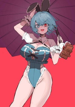 1girl :d adapted_costume animal_ears blue_eyes blue_hair blue_leotard breasts cleavage commentary_request cross-laced_clothes frilled_leotard frills groin heterochromia highres holding holding_umbrella large_breasts leotard open_mouth playboy_bunny protectload purple_umbrella rabbit_ears red_background red_eyes short_hair short_sleeves simple_background smile solo tatara_kogasa touhou umbrella v-shaped_eyebrows wrist_cuffs