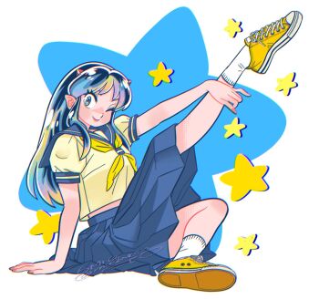 1girl arm_support ben-day_dots blue_sailor_collar blue_skirt commentary cone_hair_bun full_body hair_bun highres leg_up looking_at_viewer lum midriff_peek muda_rengou_to_ziggy_stardust neckerchief one_eye_closed pleated_skirt pointy_ears sailor_collar school_uniform screentones serafuku shirt shoe_soles shoes skirt sneakers socks solo star_(symbol) symbol-only_commentary twitter_username urusei_yatsura white_shirt white_socks yellow_neckerchief yellow_shoes