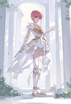 1girl absurdres armor blue_gemstone boots breastplate brown_eyes chest_jewel chinese_commentary choker closed_mouth clothing_cutout coattails commentary_request day dress eyelashes frilled_arm_warmers full_body gem hair_bun happy high_heel_boots high_heels highres holding holding_sword holding_tiara holding_weapon infinity_nikki knee_boots knee_pads looking_at_viewer mayyy melody_bloom_(infinity_nikki) miniskirt nikki_(nikki) nikki_(series) outdoors pillar pink_hair plant pleated_dress pleated_skirt rapier shadow short_dress short_hair_with_long_locks short_sleeves shoulder_cutout sidelocks single_hair_bun skirt skirt_under_dress smile solo standing sword thighhighs vines weapon white_arm_warmers white_boots white_choker white_dress white_skirt white_thighhighs