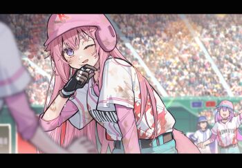 4girls absurdres audience baseball baseball_helmet baseball_jersey baseball_uniform black_gloves blush commentary dirty dirty_clothes dirty_face fang gloves hakui_koyori helmet highres hololive jersey layered_sleeves letterboxed long_hair long_sleeves looking_at_viewer mud multiple_girls no_eyes one_eye_closed parted_lips pink_hair pink_helmet purple_eyes short_over_long_sleeves short_sleeves solo_focus sportswear sweat tail tokoyami_towa tsukino_(nakajimaseiki) upper_body very_long_hair virtual_youtuber wolf_tail
