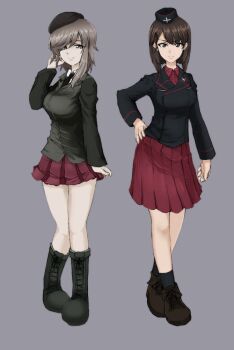 Rule 34 | 10s, 2girls, adapted uniform, adjusting hair, aged down, alternate hairstyle, ankle boots, beret, black footwear, black hat, black jacket, black legwear, black necktie, blunt bangs, boots, brown eyes, brown hair, closed mouth, combat boots, contrapposto, dress shirt, full body, garrison cap, girls und panzer, hand on own hip, hat, jacket, kuromorimine military uniform, lace-up boots, light brown hair, light smile, long hair, long sleeves, looking at viewer, medium skirt, military, military hat, military uniform, miniskirt, mityubi, multiple girls, necktie, nishizumi shiho, pleated skirt, red shirt, red skirt, selection university military uniform, shimada chiyo, shirt, short hair, simple background, skirt, socks, standing, white shirt