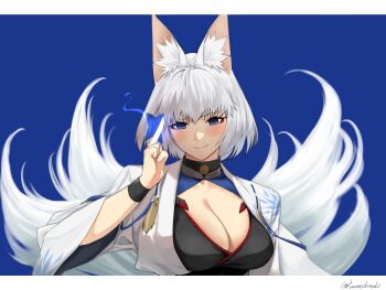 1girl absurdres animal_ears azur_lane blue_background blue_eyes blush breasts cleavage cleavage_cutout clothing_cutout eyeshadow floral_print fox_ears fox_girl fox_tail hair_between_eyes hand_up happy highres holding holding_paper_airplane japanese_clothes kaga_(azur_lane) kawanishimaki kimono kitsune looking_at_viewer makeup medium_breasts medium_hair multiple_tails paper_airplane print_kimono red_eyeshadow sakura_empire_(emblem) slit_pupils smile solo tail upper_body white_hair white_kimono wide_sleeves