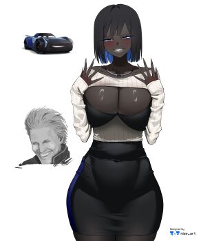 1girl 2boys absurdres black_hair black_pantyhose black_skirt blue_hair breasts car cars_(movie) cleavage_cutout clothing_cutout collarbone colored_inner_hair commentary covered_navel dark-skinned_female dark_skin devil_may_cry_(series) earrings english_commentary highres humanization jackson_storm_(cars) jewelry large_breasts long_sleeves looking_at_viewer medium_hair motor_vehicle multicolored_hair multiple_boys necklace nisp_art pantyhose pencil_skirt purple_eyes skirt smile standing sweater vergil_(devil_may_cry) white_background white_sweater