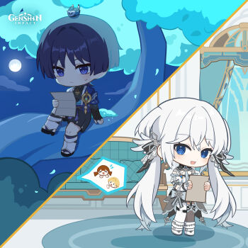 1boy 1girl absurdres animal animal_on_head arm_at_side armor asymmetrical_legwear belt bird bird_on_head black_belt black_bodysuit black_bow black_bridal_gauntlets black_hair black_sandals black_shorts blue_cape blue_eyes blue_gem blue_kimono blunt_ends bodysuit bow bridal_gauntlets bright_pupils cape carpet chibi chibi_only choppy_bangs closed_mouth coattails couch cross-laced_clothes cross-laced_sleeves curtains cushion detached_collar detached_sleeves dress eyeliner falling_leaves feathers finch frilled_thighhighs frills garter_belt gem genshin_impact gold grey_bow grey_necktie grey_thighhighs hair_bow hair_ornament hakama hakama_shorts highres holding indoors japanese_armor japanese_clothes juban kimono kote kurokote large_bow leaf leg_warmers light_blush long_hair looking_at_object looking_at_viewer low_twintails makeup middle_ring mismatched_legwear necktie night oc_x_canon on_head open_clothes open_kimono open_mouth original outdoors pantyhose paper pleated_shorts pom_pom_(clothes) puffy_sleeves purple_eyes purple_rope purple_sash red_eyeliner rope sandals sash scaramouche_(genshin_impact) shoe_belt shoes shorts shoulder_peek sidelocks single_leg_pantyhose single_thighhigh sitting sitting_on_branch snowflake_ornament speech_bubble split_screen spoken_character standing stirrup_legwear sweatdrop symbol-shaped_pupils tailcoat tassel thighhighs toeless_legwear tree twintails very_long_hair wanderer_(genshin_impact) white_belt white_bow white_dress white_hair white_kimono white_leg_warmers white_pantyhose white_pupils white_shoes white_sleeves white_trim white_wings window wing_collar wing_hair_ornament wings x-shaped_pupils xaiadestar yellow_feathers zouri