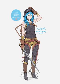 absurdres armor armored_boots bandages blue_eyes blue_hair boots breastplate chaps english_text ff69_(ff69x) gloves grey_background helm helmet highres holding holding_sword holding_weapon medium_hair scar scar_on_face sheath shield shield_on_back spurs sword weapon