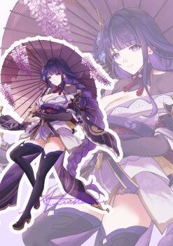 1girl black_thighhighs braid breasts cleavage closed_mouth commentary_request fingernails genshin_impact hal_aluha high_heel_sandals holding holding_umbrella japanese_clothes kimono large_breasts long_braid long_hair mole mole_under_eye nail_polish obi off_shoulder oil-paper_umbrella purple_eyes purple_hair purple_kimono purple_nails purple_umbrella raiden_shogun red_sash sandals sash signature thighhighs umbrella very_long_hair zoom_layer