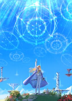 1boy 1girl absurdres anastasia_(lostbelt)_(fate/grand_order) arm_at_side arm_up ascot blonde_hair blue_ascot blue_eyes blue_flower blue_sky cape chromatic_aberration closed_mouth cobblestone commentary cube day emblem fantasy_tree_(fate) fate/grand_order fate_(series) feathers floating_island flower formal_clothes frilled_sleeves frills gesture gloves gold_trim gotterdammerung_(fate/grand_order) grand_piano grass hair_over_one_eye highres holding holding_staff instrument jacket kirschtaria_wodime long_hair long_sleeves looking_at_viewer magic_circle male_focus mountainous_horizon ophelia_phamrsolone orange_flower outdoors outstretched_arm pants path piano pink_flower purple_flower red_flower red_rose road rose s_i_n_(fate/grand_order) shoes side_cape sky sleeve_cuffs smile solo_focus staff standing suit two-sided_cape two-sided_fabric ubwmitekure vest white_cape white_feathers white_flower white_footwear white_gloves white_jacket white_pants white_suit white_vest wide_shot wind yellow_flower yugakshetra_(fate/grand_order)