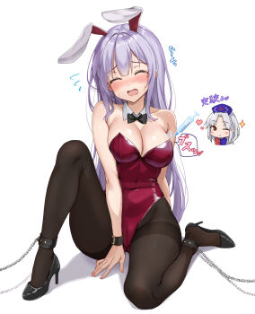 1girl ;) alternate_costume amagi_(amagi626) animal_ears arm_behind_back armpit_crease bare_shoulders between_legs black_bow black_bowtie black_pantyhose black_shoes blunt_bangs blush blush_stickers bow bowtie breasts chain chibi chibi_inset cleavage closed_eyes collarbone commentary_request covered_navel cuffs detached_collar eyelashes facing_viewer flying_sweatdrops furrowed_brow hair_intakes hand_between_legs heart high_heels highleg highleg_leotard highres injection knee_up large_breasts legs leotard long_hair nervous nose_blush one_eye_closed open_mouth paid_reward_available pantyhose playboy_bunny purple_hair rabbit_ears rabbit_girl red_leotard reisen_udongein_inaba restrained shackles shoes sidelocks simple_background sitting smile solo sparkle speech_bubble spoken_sound_effect straight_hair strapless strapless_leotard sweatdrop syringe tearing_up thighband_pantyhose thighs touhou translation_request variant_set very_long_hair wavy_mouth white_background wrist_cuffs yagokoro_eirin