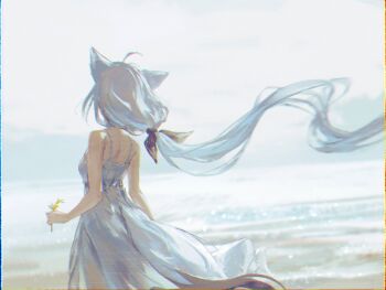 1girl ahoge alternate_costume animal_ears bare_arms beach black_ribbon clothing_cutout commentary day dress english_commentary flower fox_ears fox_girl fox_tail from_behind gold_osmanthus hair_ribbon highres holding holding_flower hololive hyde_(tabakko) long_hair low_ponytail outdoors ponytail ribbon shirakami_fubuki sky solo sundress tail tail_through_clothes very_long_hair vhs_artifacts virtual_youtuber white_dress white_hair